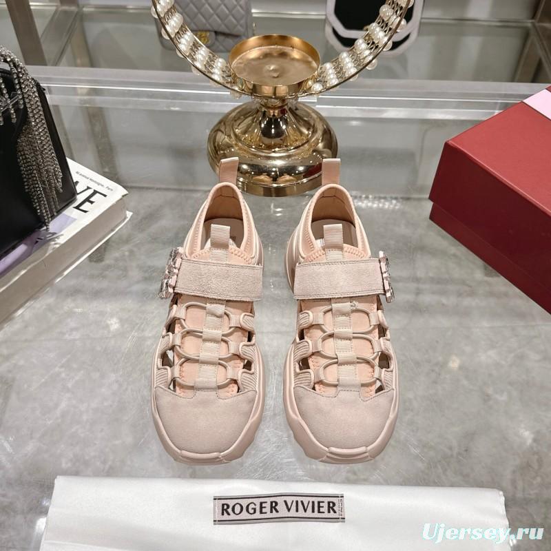 2025 Women Roger Vivier Pink Knit Suede Sneakers Crystal Buckle LY00300