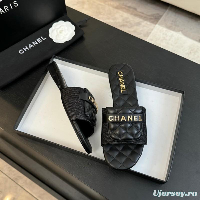 2025 Women Chanel Black Leather Slippers