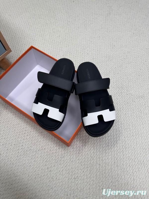 2025 Slippers Hermès Black White Leather Slippers
