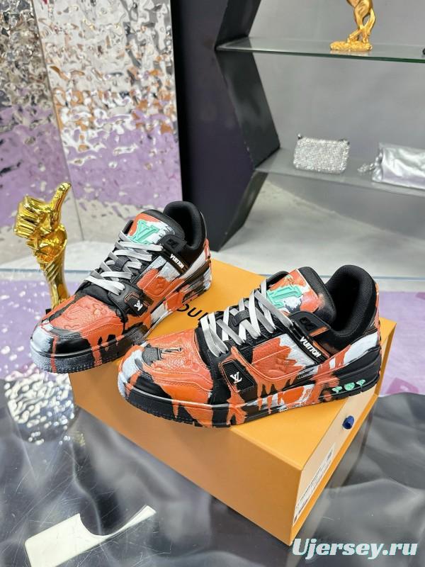 2024 Unisex Louis Vuitton Orange Black White Leather Denim Plimsolls Artist Hand-drawn MJ00780