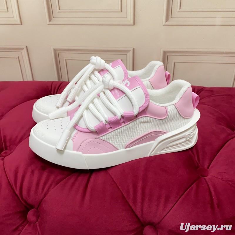2025 Women Dolce & Gabbana White Pink Leather Mesh Sneakers