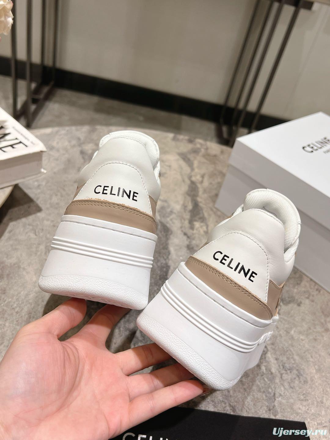 2025 Women Celine Beige White Leather Platform Sneakers