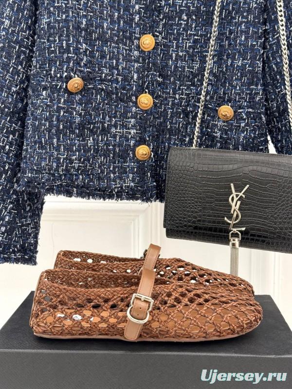 2025 Women AlAIA Brown Leather Woven Mary Jane Shoes