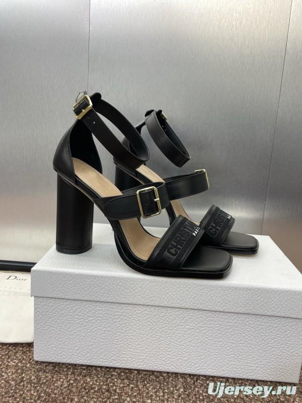 2025 Women Dior Black Leather High Heel Sandals KFY00310