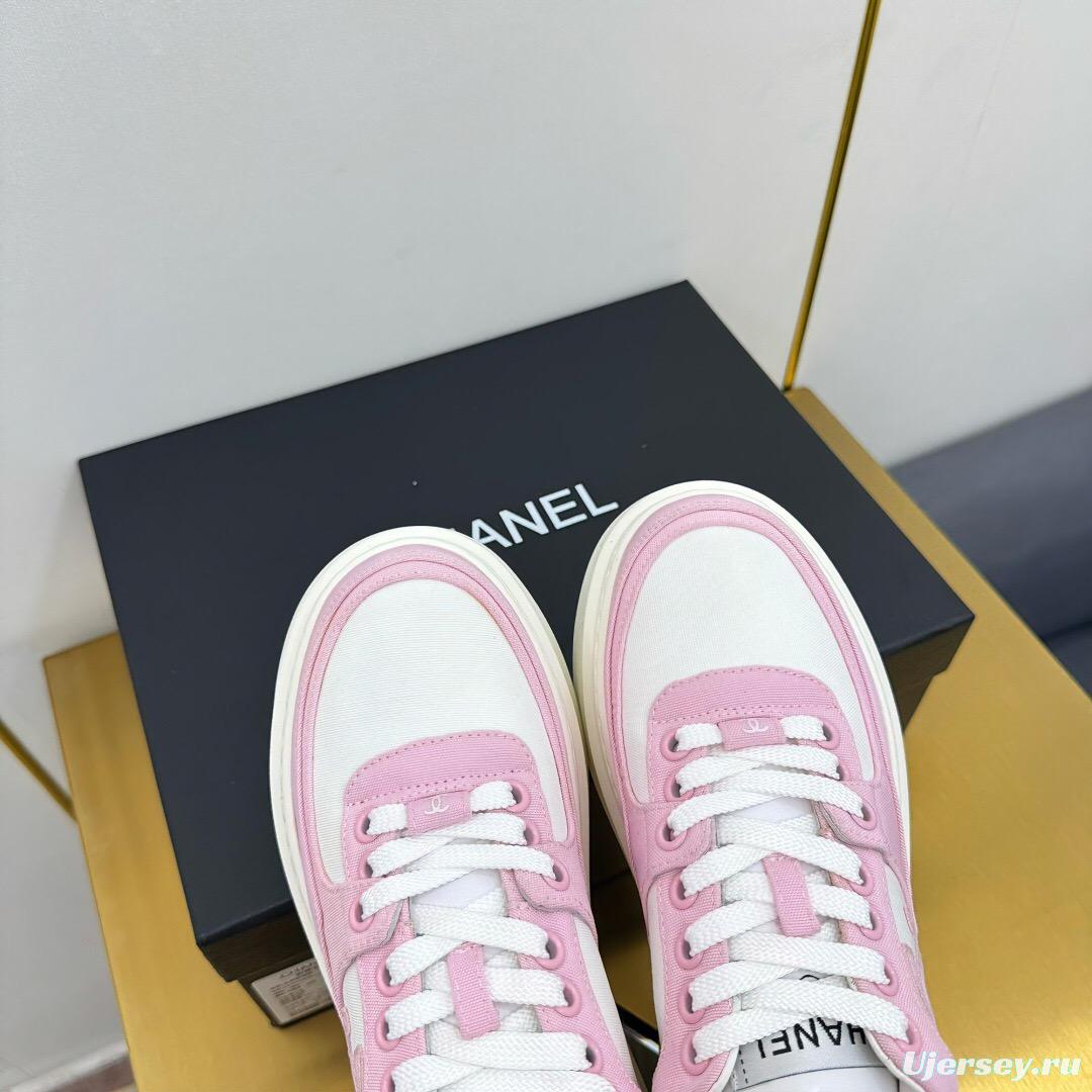 2025 Women Chanel Pink White Leather Suede Platform Sneakers