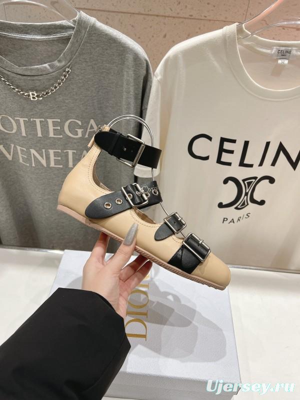 2025 Women Dior Beige Black Leather Mary Jane Buckle Flats