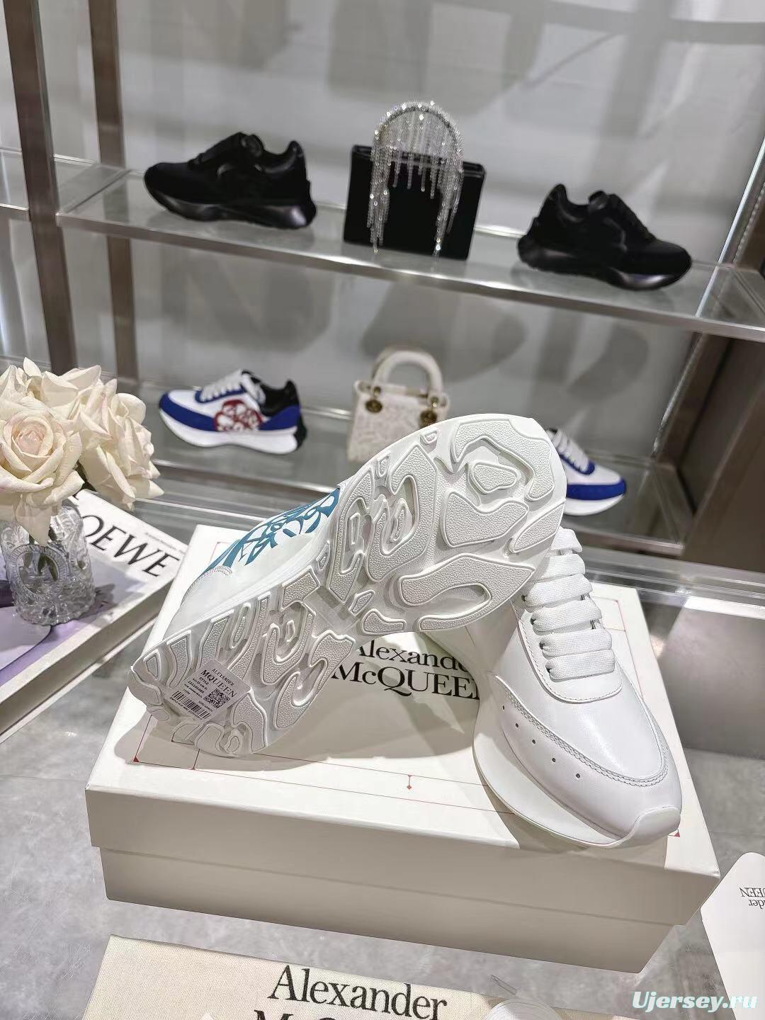 2025 Women Alexander McQueen White Blue Leather Sneakers LY00340