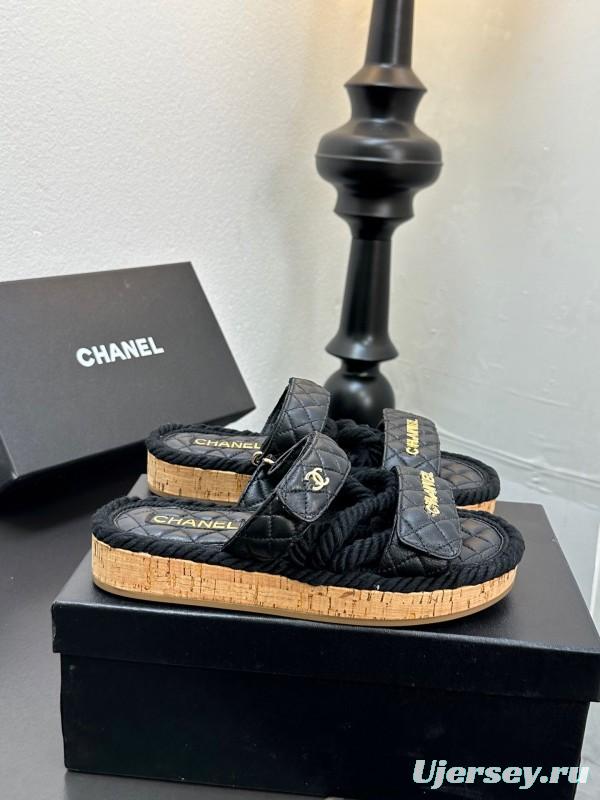 2025 Slippers Chanel Black Leather Cork Sole Sandal LY00250