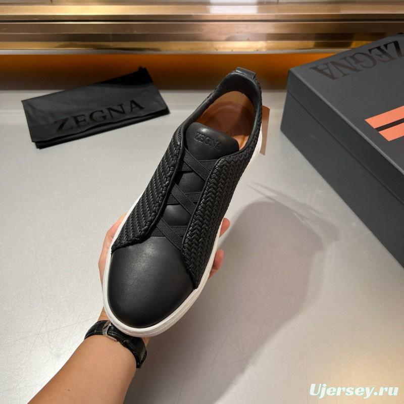 2024 Men Ermenegildo Zegna Black Smooth Calfskin Pelletessuta Sneakers Elastic Detail MJ00280