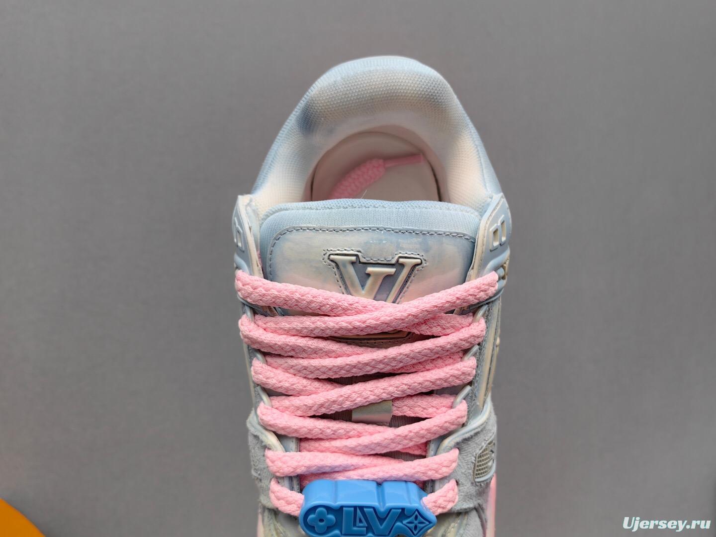 2025 Unisex Louis Vuitton Pink Grey Denim Sneakers KFY00510