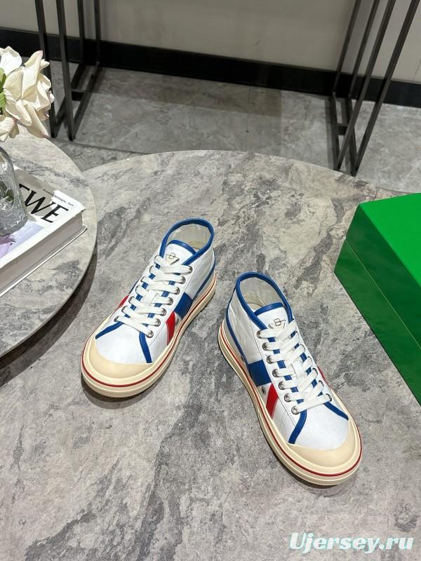 2025 Unisex Bottega Veneta White Blue Red Canvas Lambskin Sneakers Hand Painted Red Line KFY00260
