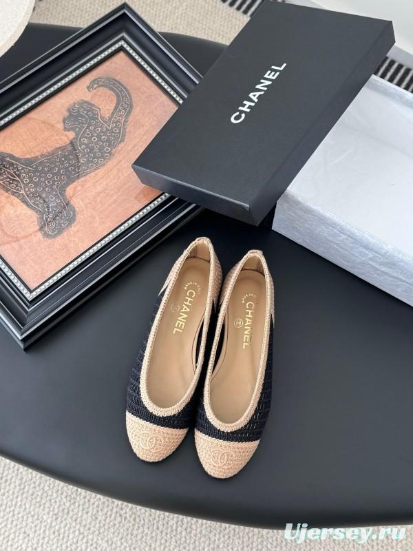 2025 Women Chanel Black Beige Knit Ballet Flats