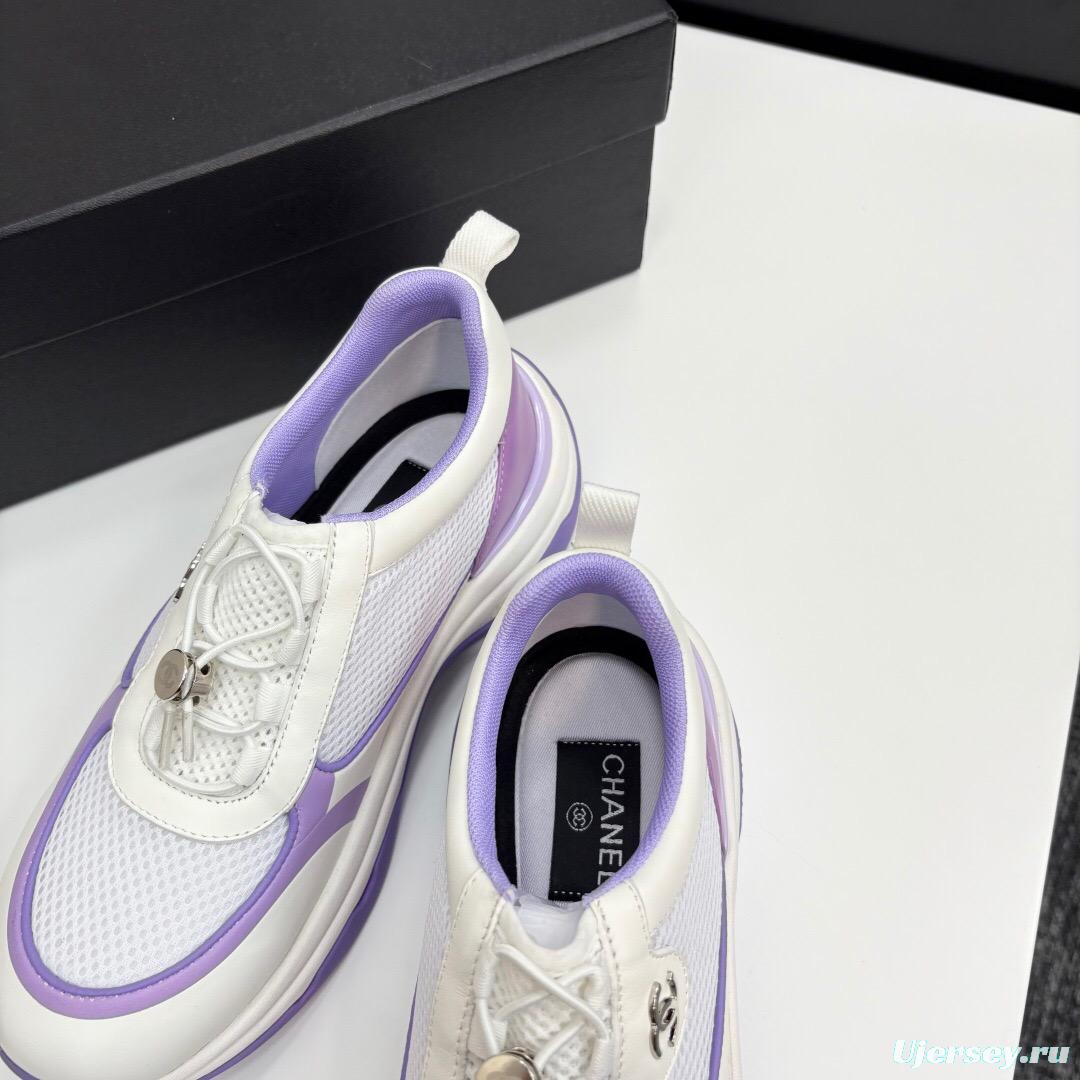 2025 Women Chanel White And Purple Leather And Mesh Casual Sneakers Chunky Sole Classic Logo LY00360(F)