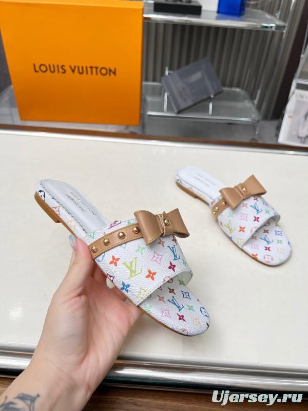 2025 Women Louis Vuitton White Multicolor Leather Slippers Monogram LY00200