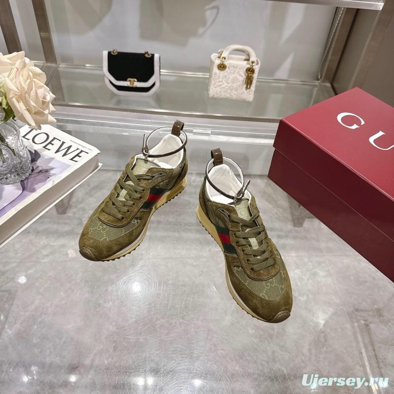 2025 Women Gucci Khaki Green Red Suede Mesh Sneakers LY00340