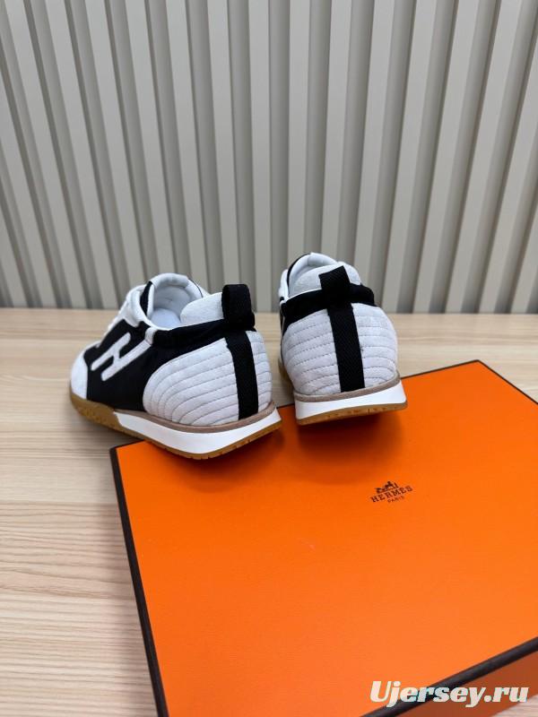 2025 Unisex Hermès White Black Suede Down Fabric Sneakers Top Version LY00310
