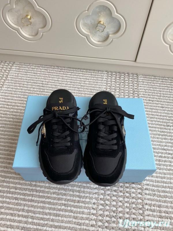 2025 Women Prada Black Nylon Leather Sneakers LY00290