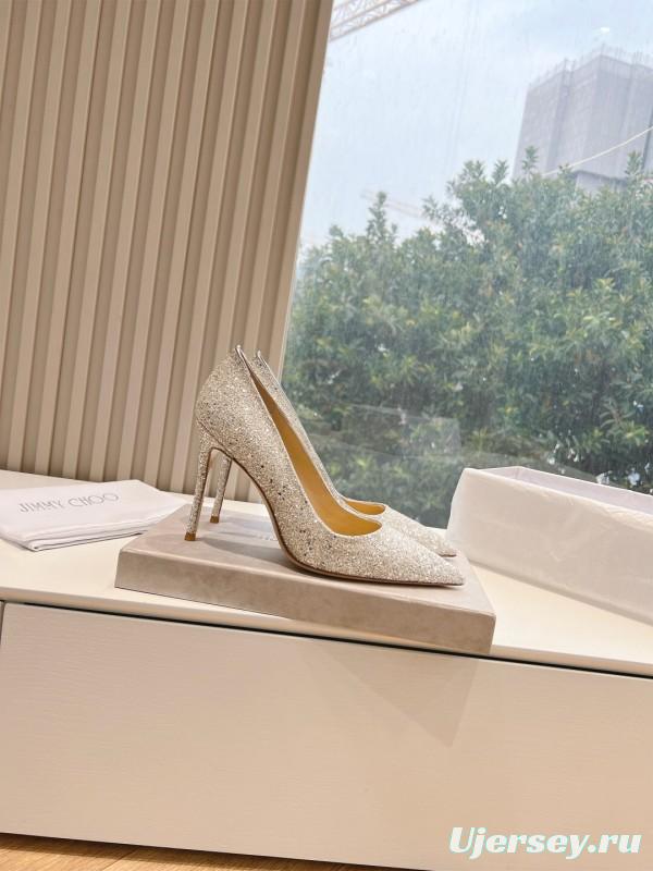 2025 Women Jimmy Choo Silver Glitter Leather Pointed Toe Pumps KFY00280