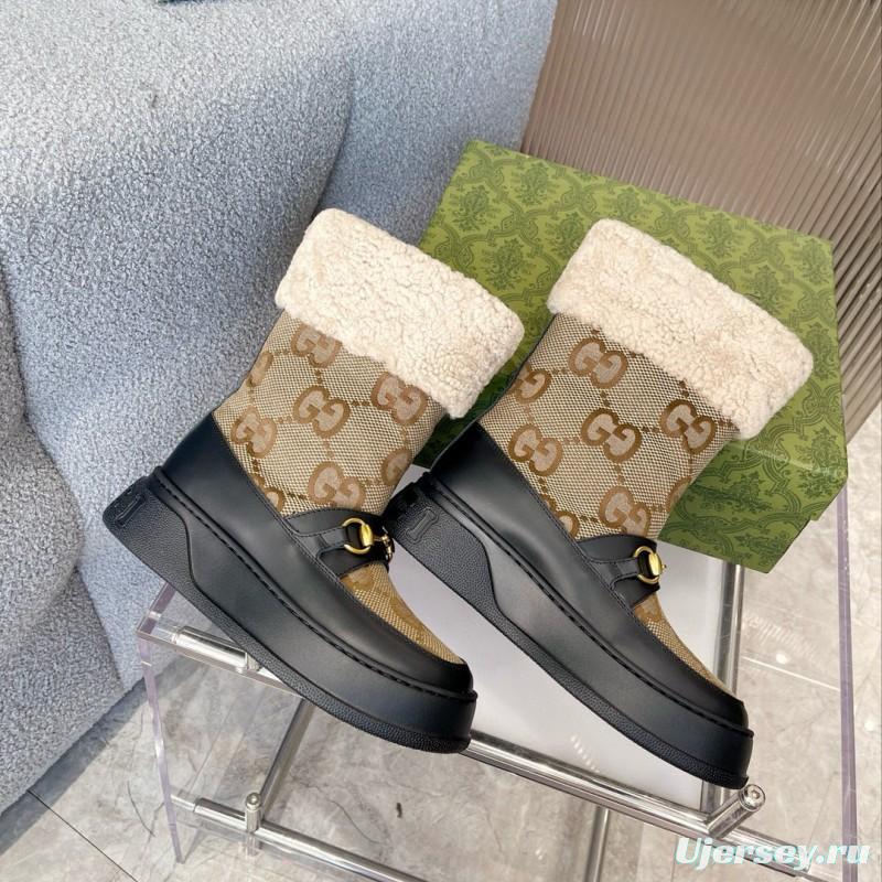 2024 Women Gucci Beige Brown Leather Shearling Snow Boots MJ00420