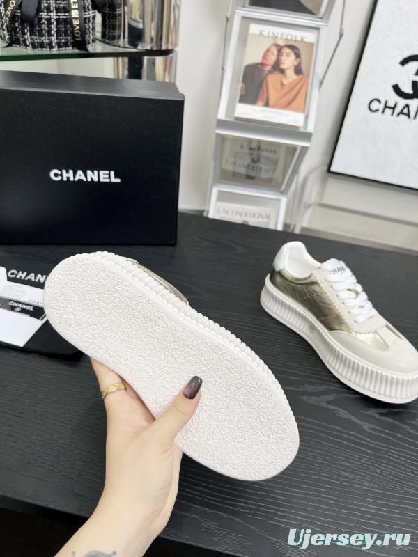 2025 Women Chanel White Gold Leather Suede Sneakers LY00270