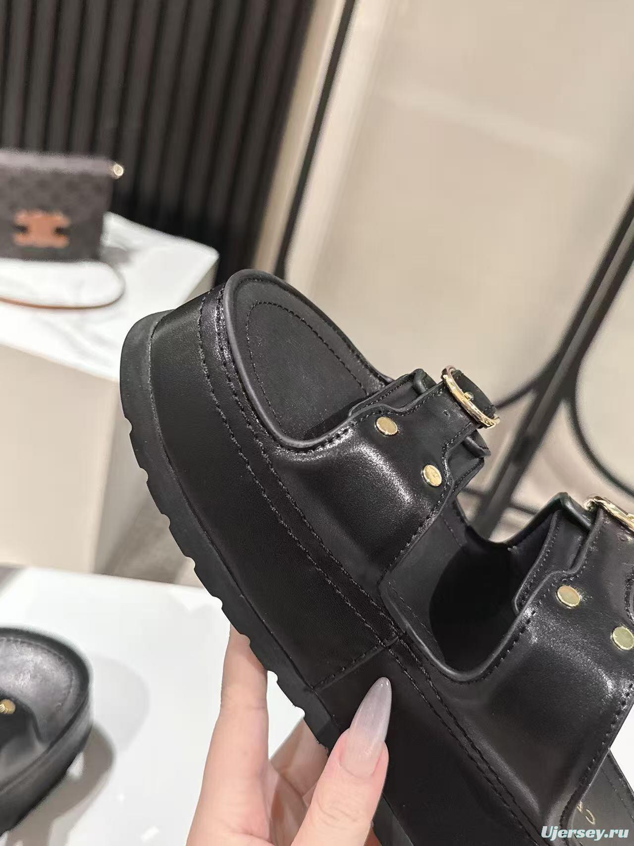 2025 Women Celine Black Leather Platform Slide Sandals LY00300