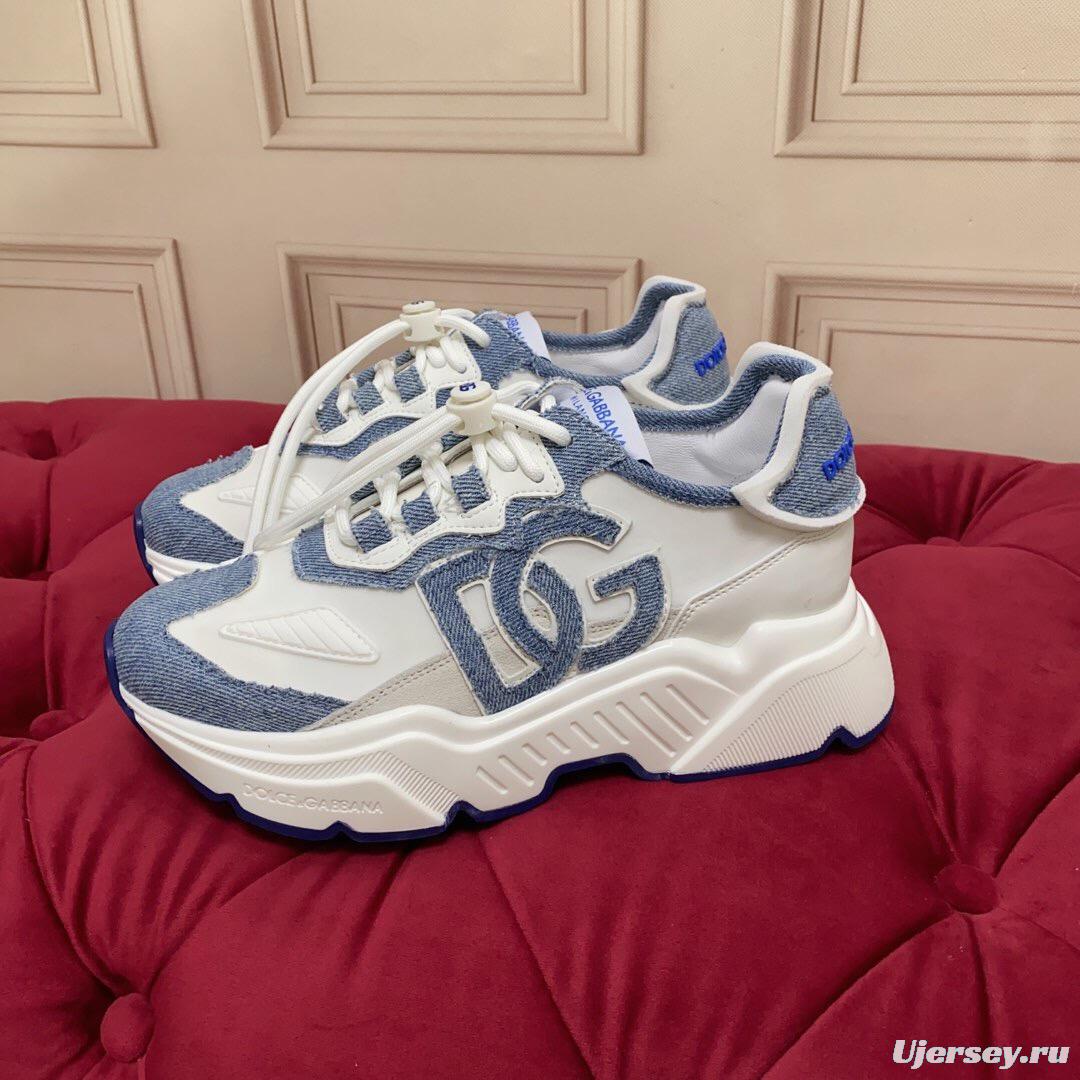 2025 Unisex Dolce & Gabbana White Blue Silk Leather Sneakers Exclusive Craft LY00330(F)/LY00340(M)