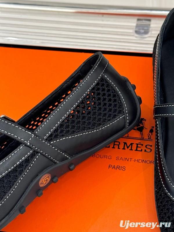 2025 Women Hermès Black Mesh Leather Mary Jane