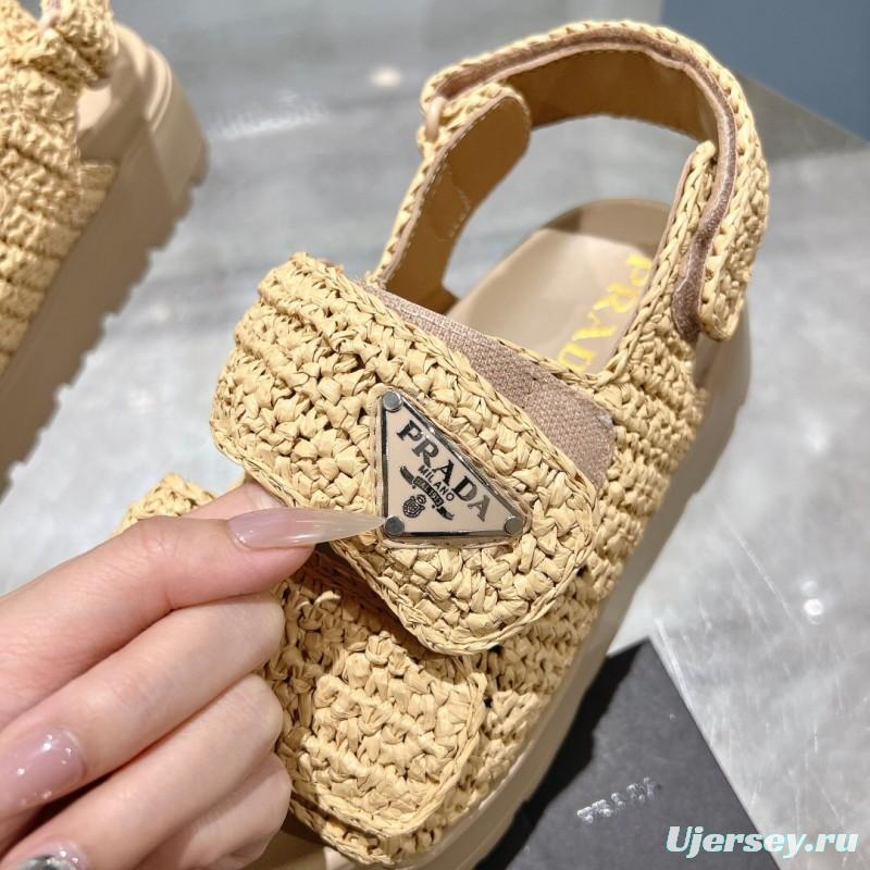 2025 Women Prada Beige Woven Leather Platform Sandals