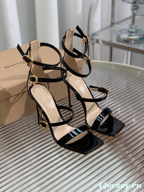 2025 Women Gianvito Rossi Black Patent Leather Strappy High Heel Sandals