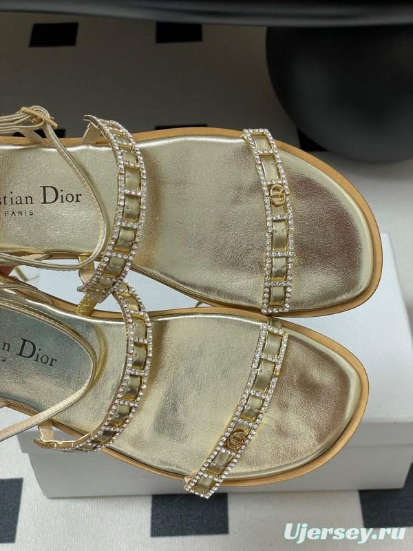 2025 Women Dior Gold Leather Sandals Crystal Embellishment