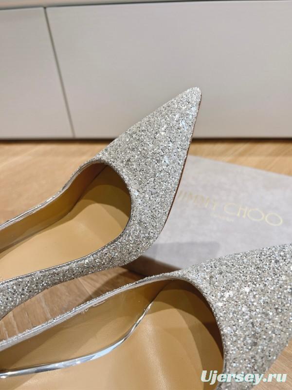 2025 Women Jimmy Choo Silver Glitter Leather Pointed Toe Pumps KFY00280