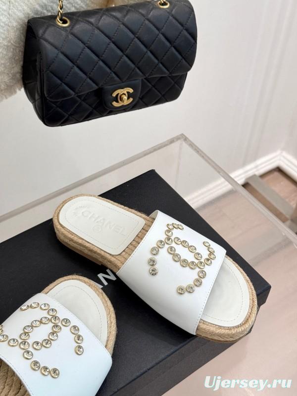 2025 Women Chanel White Leather Slippers Rhinestone KFY00230
