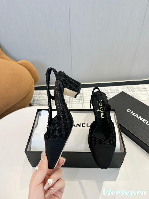 2025 Women Chanel Black Wool Leather Slingback Pumps