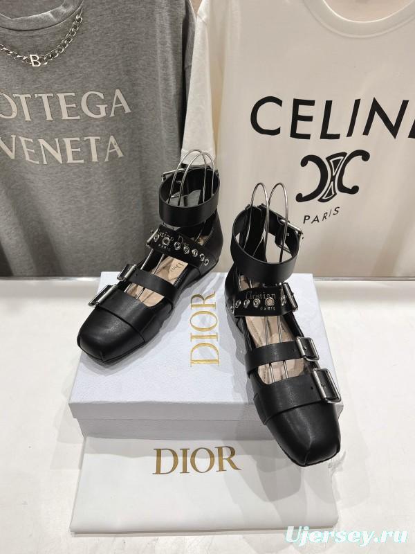 2025 Women Dior Black Leather Gladiator Sandals KFY00320
