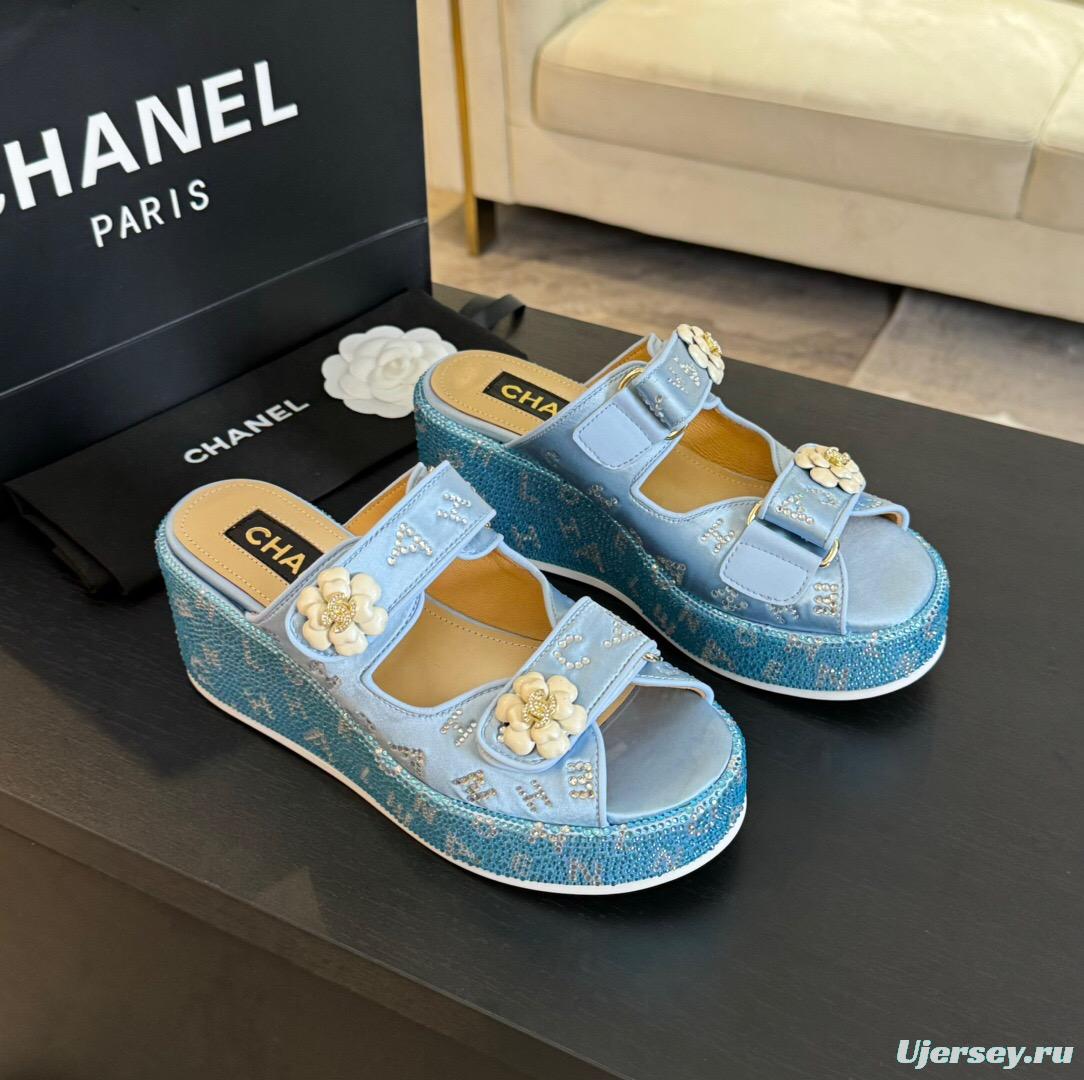 2025 Women Chanel Blue Denim Leather Platform Slippers LY00330