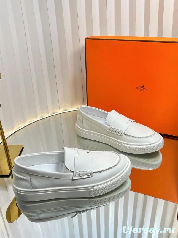 2025 Unisex Hermès White Leather Fabric Loafers LY00310(F)/LY00320(M)