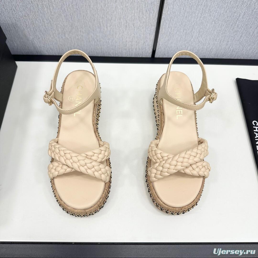 2025 Women Chanel Beige Leather Wedge Sandals