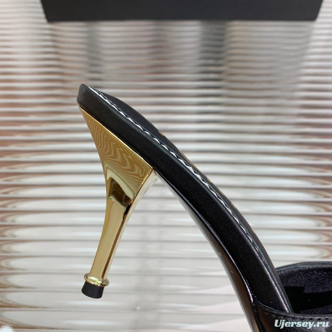 2025 Women TOM FORD Black Gold Leather Heeled Mules KFY00300