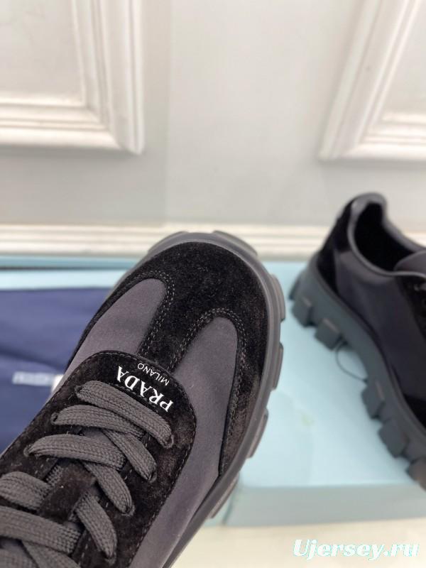2025 Unisex Prada Black Suede Leather Sneakers KFY00310(F)/KFY00330(M)