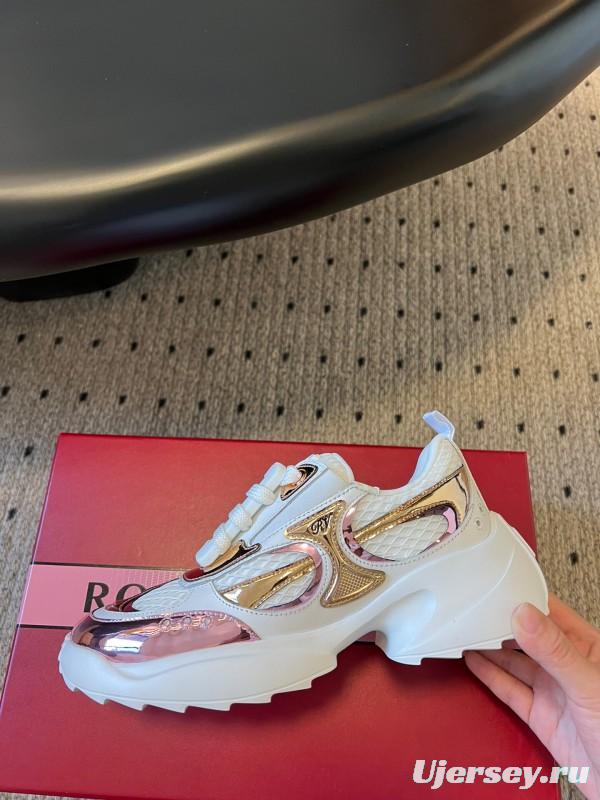 2025 Women Roger Vivier White Pink Leather Mesh Sneakers KFY00380