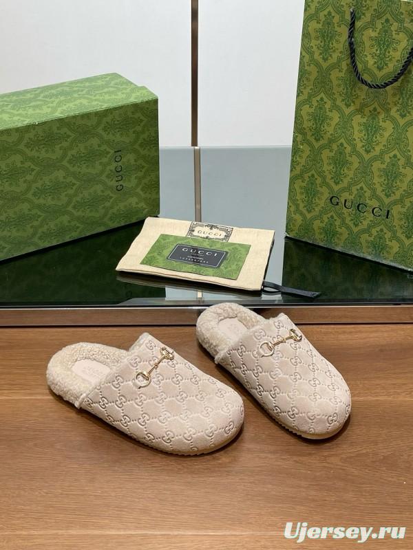 2024 Slippers Gucci Beige Shearling GG Embroidery