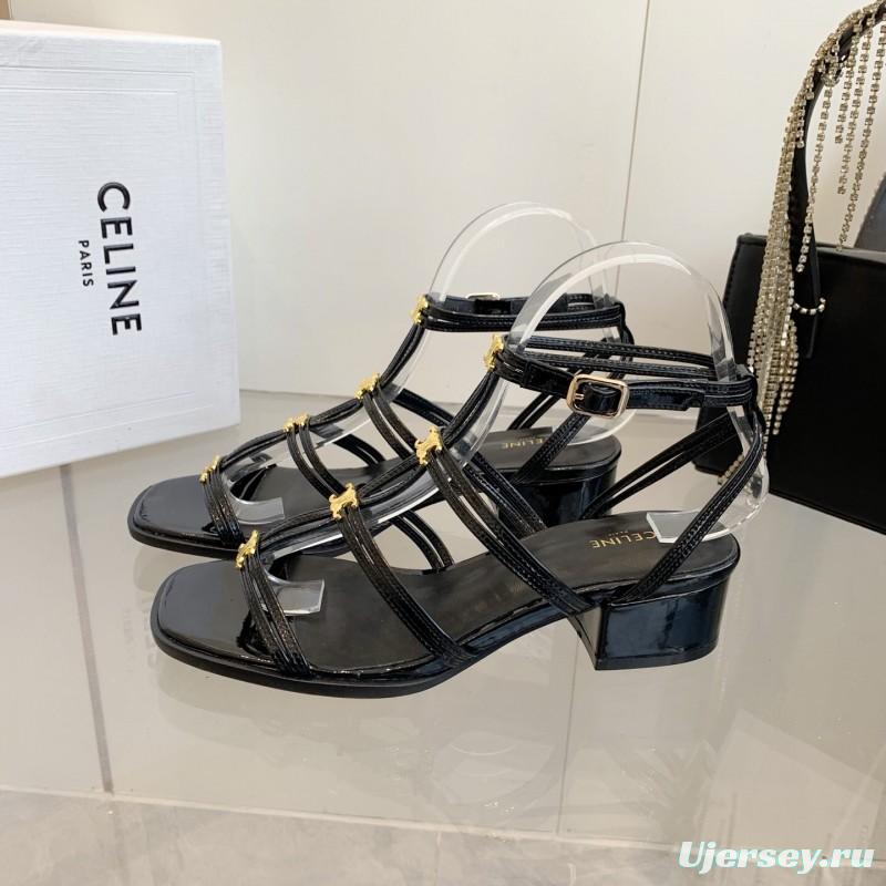 2025 Women Celine Black Patent Leather Sandals