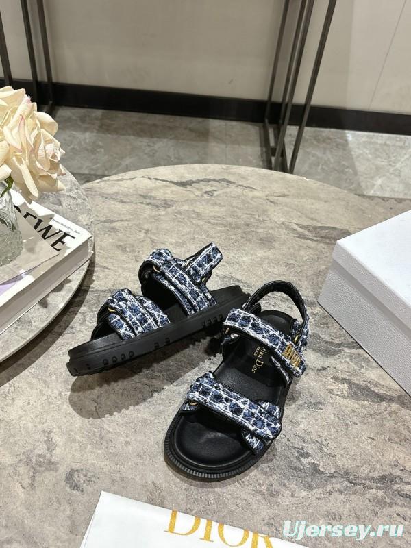 2025 Women Dior Black Blue White Fabric Leather Sandals KFY00300