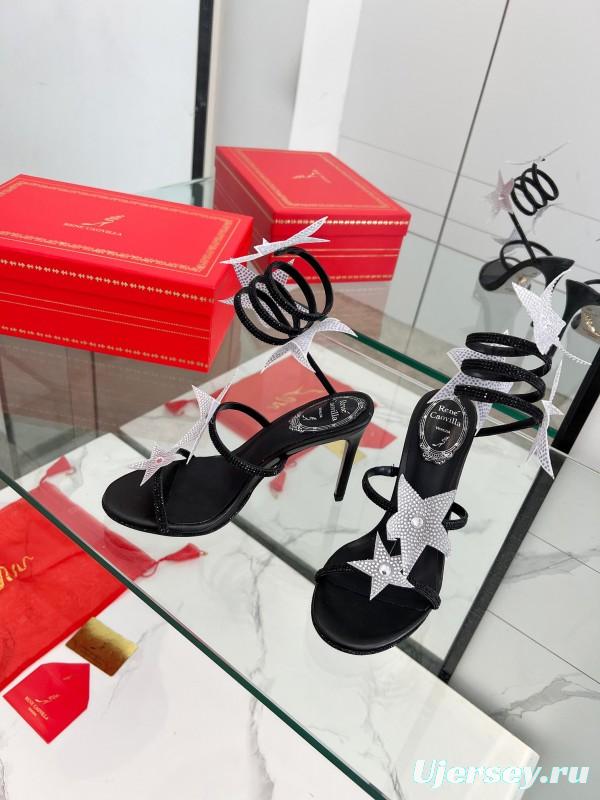 2025 Women RC Black Silk Crystal Star High Heel Sandals LY00340