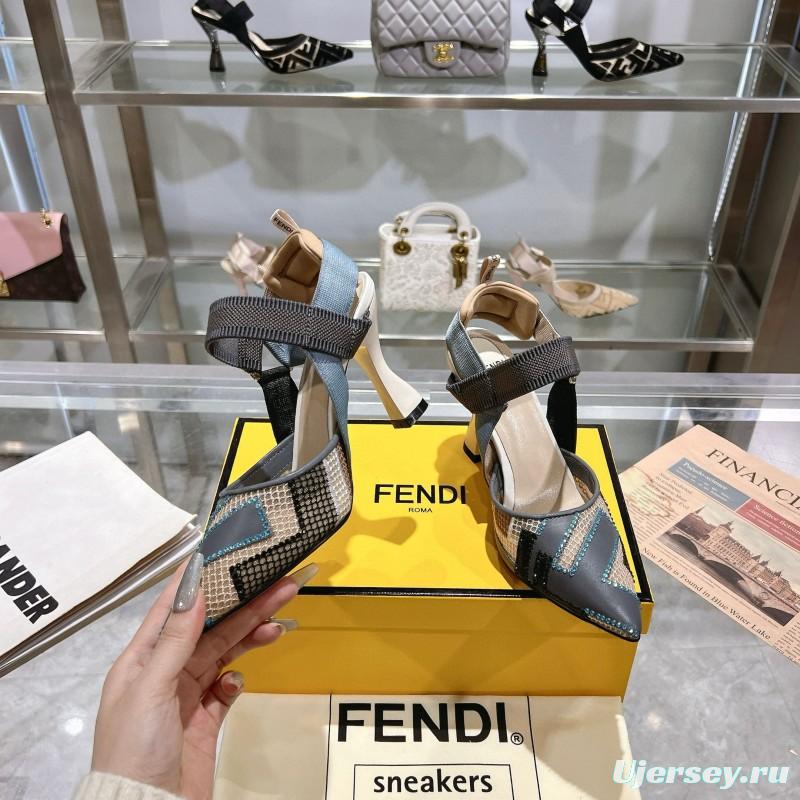 2025 Women Fendi Grey Blue Black Leather Mesh High Heels
