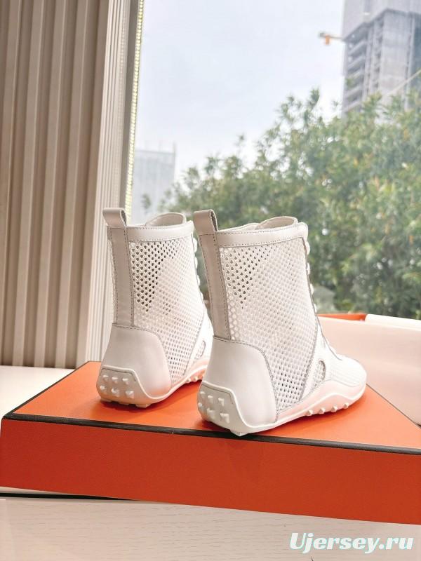 2025 Women Hermès White Leather Mesh Ankle Boots