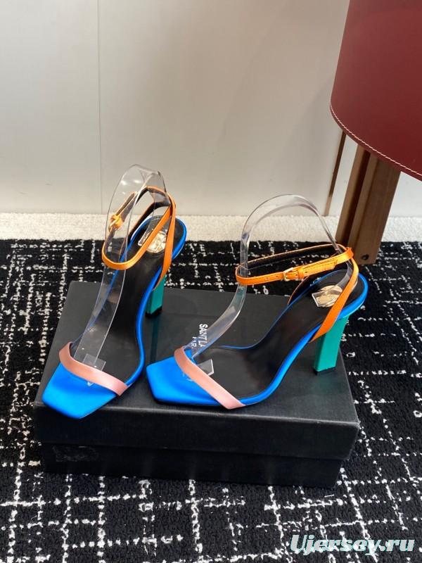 2025 Women Yves Saint Laurent Blue Orange Pink Leather Suede High Heel Sandals