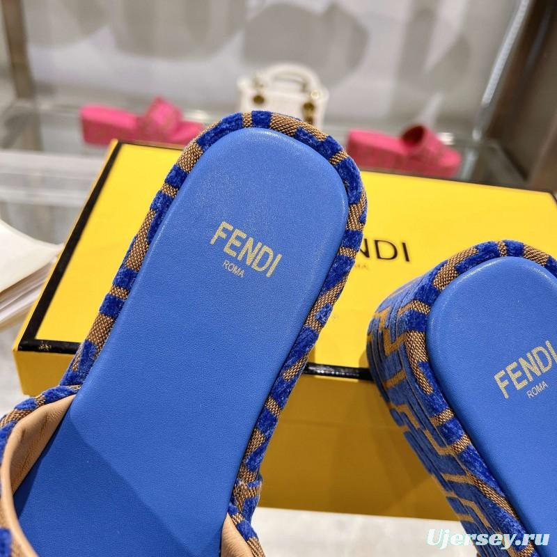 2025 Slippers Fendi Blue Brown Fabric FF Jacquard Platform