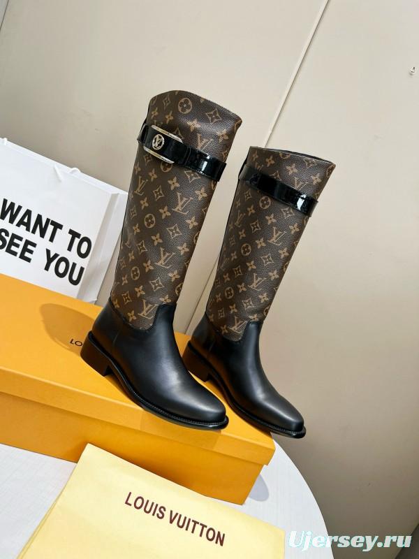 2024 Women Louis Vuitton Brown Black Leather Canvas Boots MJ00400