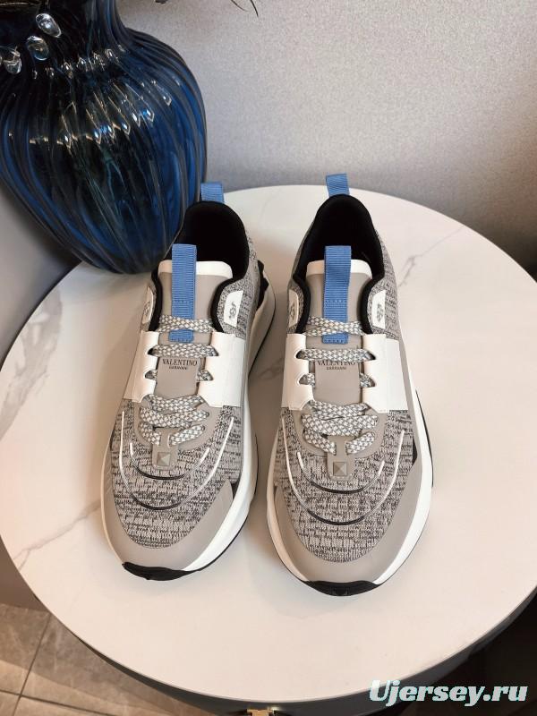 2024 Unisex Valentino White Grey Blue Fabric Leather Sneakers MJ00340